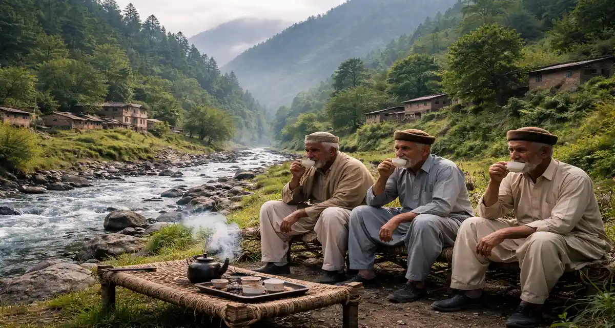 Swabi village scene, elders taking hot coffee
