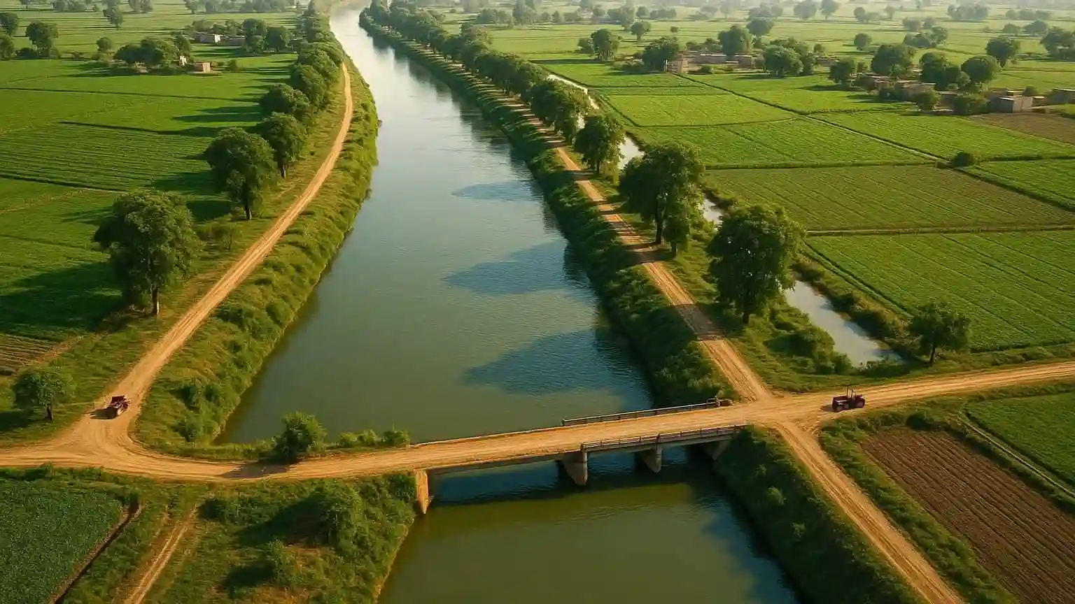 BRB Canal flowing beside green fields in Punjab, Pakistan